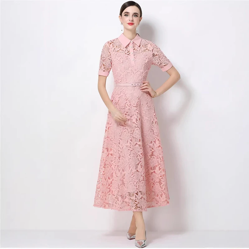High Quality Lace Hollow-out Dresses Women Spring Short-sleeved Lapel Big Swing Dress Autumn High Waist Zipper Knee Length Dress
High Quality Lace Hollow-out Dresses Women Spring Short-sleeved Lapel Big Swing Dress Autumn High Waist Zipper Knee Length Dress