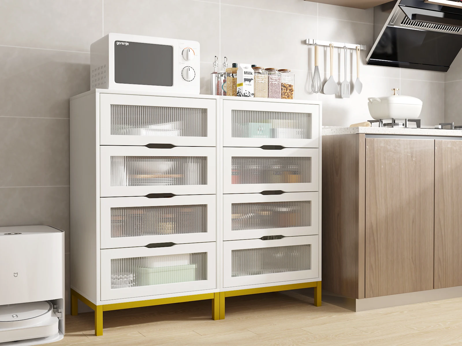 White Color 4 Drawer Storage Cabinet with Gold Metal Legs, vertical striped Acrylic Kitchen Buffet Sideboard, Small Chest of Drawers for Dining Room,Kitchen
White Color 4 Drawer Storage Cabinet with Gold Metal Legs, vertical striped Acrylic Kitchen Buffet Sideboard, Small Chest of Drawers for Dining Room,Kitchen
