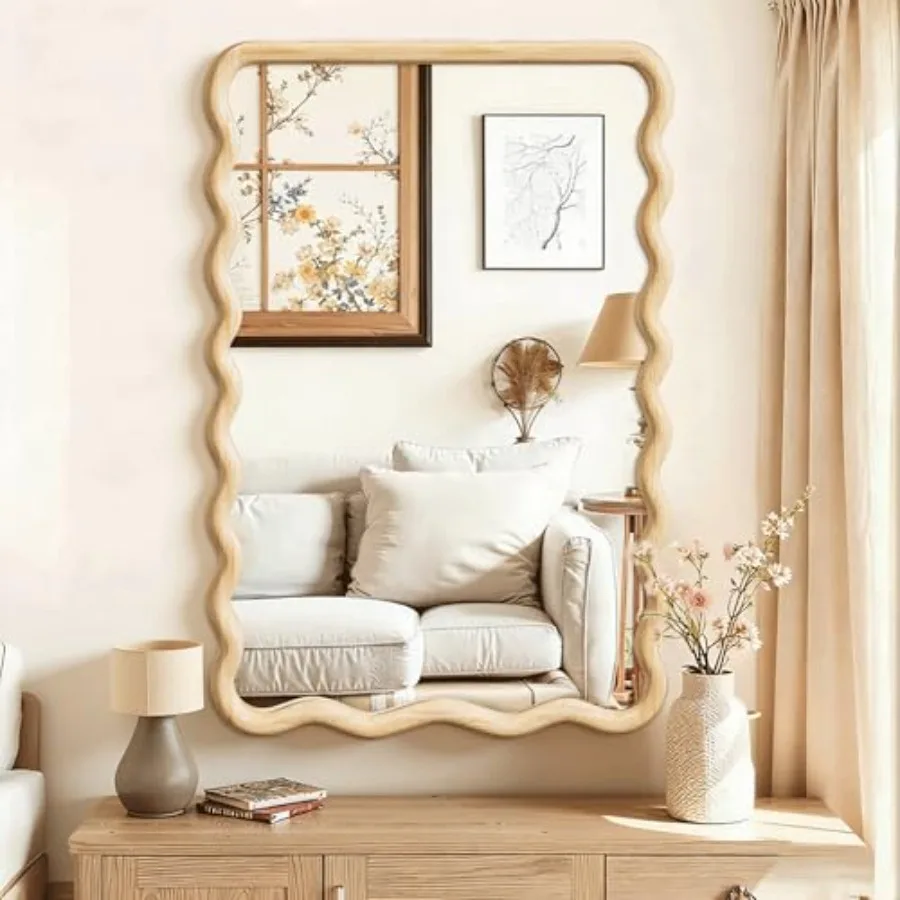 Wavy Mirror for Wall, 30"x20" Boho Bathroom Floor Vanity Mirror with Wooden Frame, for Bedroom, Living Room, Entryway, Farmhous
Wavy Mirror for Wall, 30"x20" Boho Bathroom Floor Vanity Mirror with Wooden Frame, for Bedroom, Living Room, Entryway, Farmhous