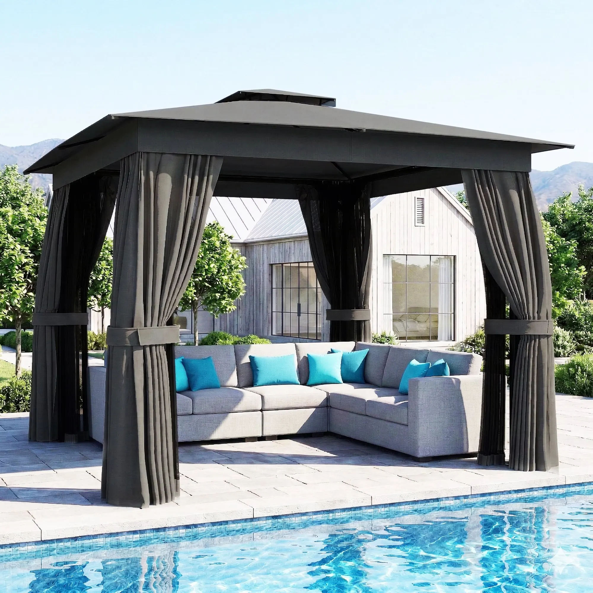 10' x 10' Outdoor Patio Gazebo, Soft Top Gazebo Canopy Shelter with Curtains, Netting, Steel Frame, Hook, Dark Gray
10' x 10' Outdoor Patio Gazebo, Soft Top Gazebo Canopy Shelter with Curtains, Netting, Steel Frame, Hook, Dark Gray