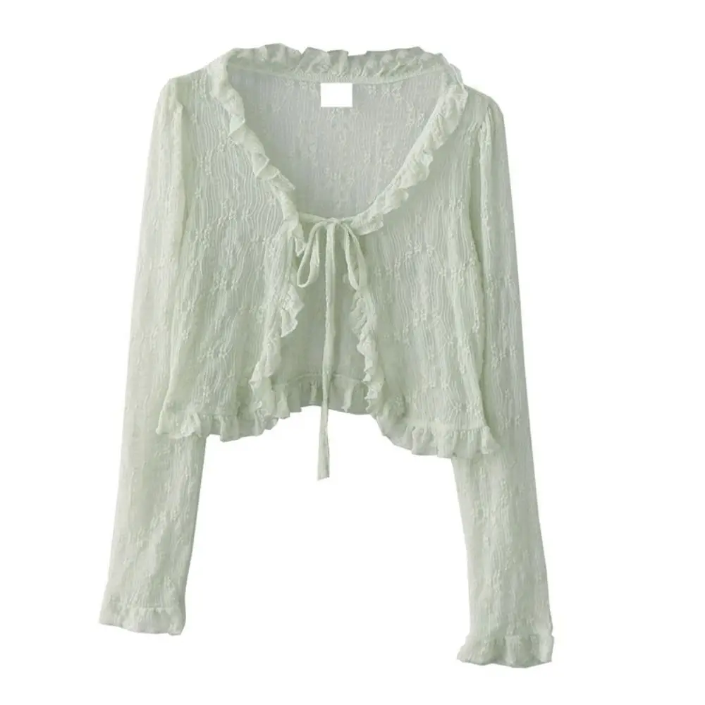 Тонкий солнцезащитный кардиган с цветочным принтом и рюшами по краям, прозрачный вязаный топ с длинными рукавами и солнцезащитным кремом, корейский топ с v-образным вырезом 
Тонкий солнцезащитный кардиган с цветочным принтом и рюшами по краям, прозрачный вязаный топ с длинными рукавами и солнцезащитным кремом, корейский топ с v-образным вырезом