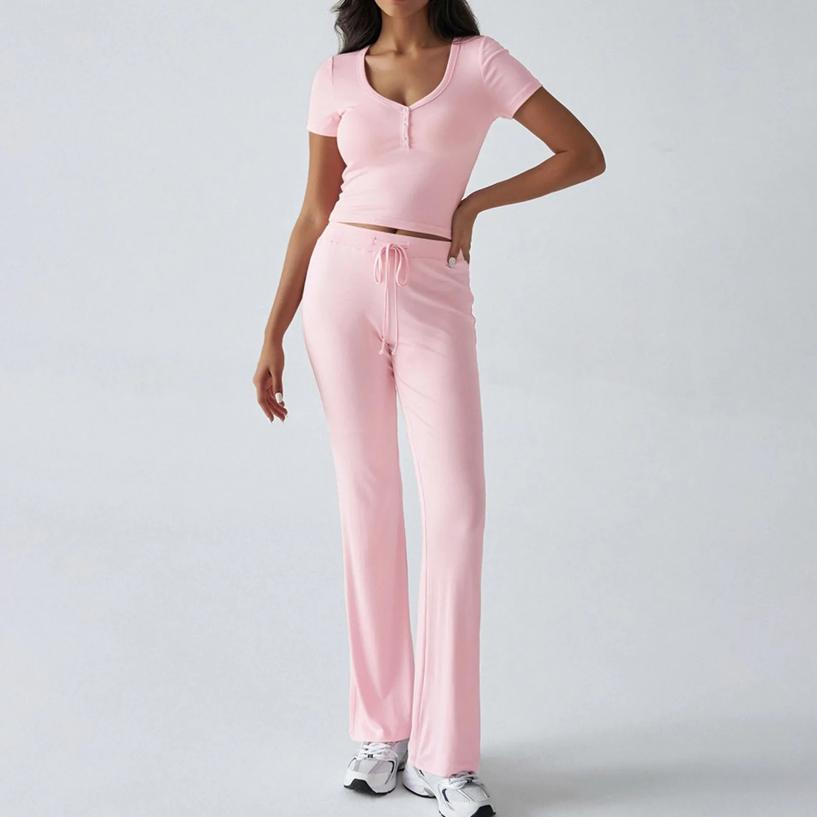Spring/Summer Sports And Leisure Style U-Neck T-Shirt Trousers Knitted Two-Piece Suit Button V Neck T Shirt Women'S Pants Suit
Spring/Summer Sports And Leisure Style U-Neck T-Shirt Trousers Knitted Two-Piece Suit Button V Neck T Shirt Women'S Pants Suit
