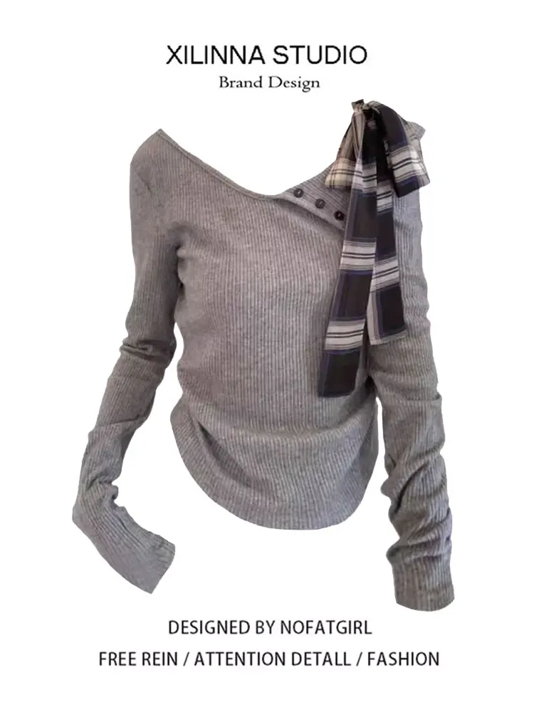 Gray Asymmetrical Knot Shoulder Bared Knitted Top Women's Autumn Slim Fit Inner Wear Long Sleeve Base Shirt Top
Gray Asymmetrical Knot Shoulder Bared Knitted Top Women's Autumn Slim Fit Inner Wear Long Sleeve Base Shirt Top