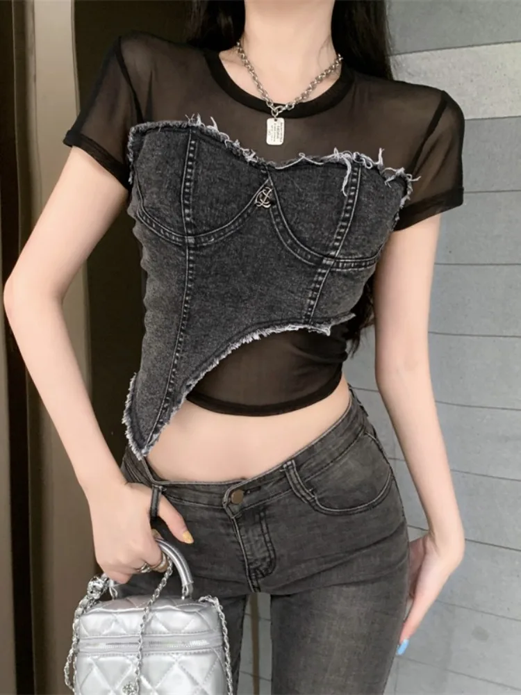 Футболка Slim Fit с коротким рукавом, джинсовая, с лоскутным узором, черная, женская, модная, летняя, новый стиль, сладкий и дерзкий топ в корейском стиле
Футболка Slim Fit с коротким рукавом, джинсовая, с лоскутным узором, черная, женская, модная, летняя, новый стиль, сладкий и дерзкий топ в корейском стиле