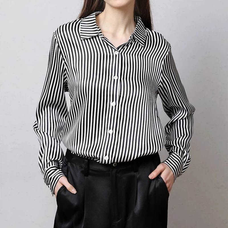 100% Mulberry Silk Striped Blouse Women Satin Lapel Long Sleeve Button Down Shirt Elegant Office Work Top Daily Inner Layering
100% Mulberry Silk Striped Blouse Women Satin Lapel Long Sleeve Button Down Shirt Elegant Office Work Top Daily Inner Layering