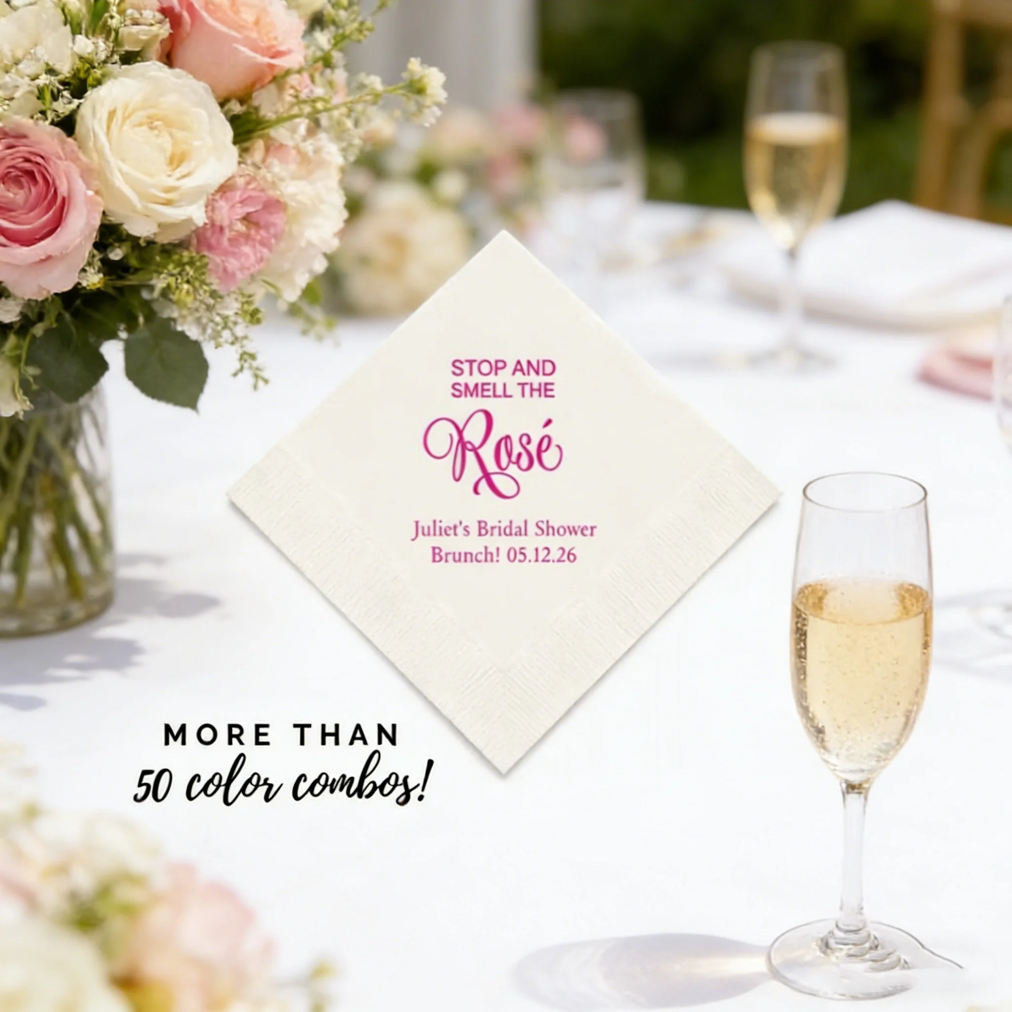 50pcs Personalized Stop And Smell The Rosé Napkins, Custom Printed Paper Cocktail Luncheon Party Supplies
50pcs Personalized Stop And Smell The Rosé Napkins, Custom Printed Paper Cocktail Luncheon Party Supplies
