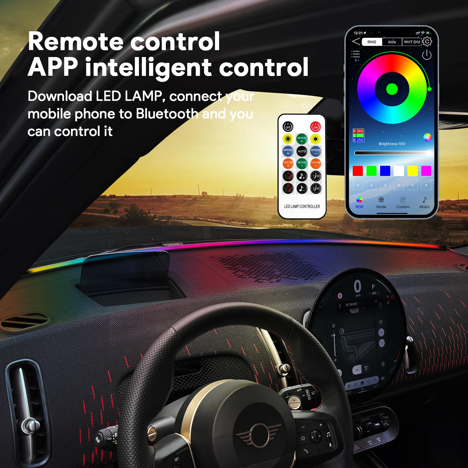 RGB Windshield Ambient Car Light LED Interior Strip APP Bluetooth Control Music Sync Decorative Mood Lighting Kit 12V Universal
RGB Windshield Ambient Car Light LED Interior Strip APP Bluetooth Control Music Sync Decorative Mood Lighting Kit 12V Universal