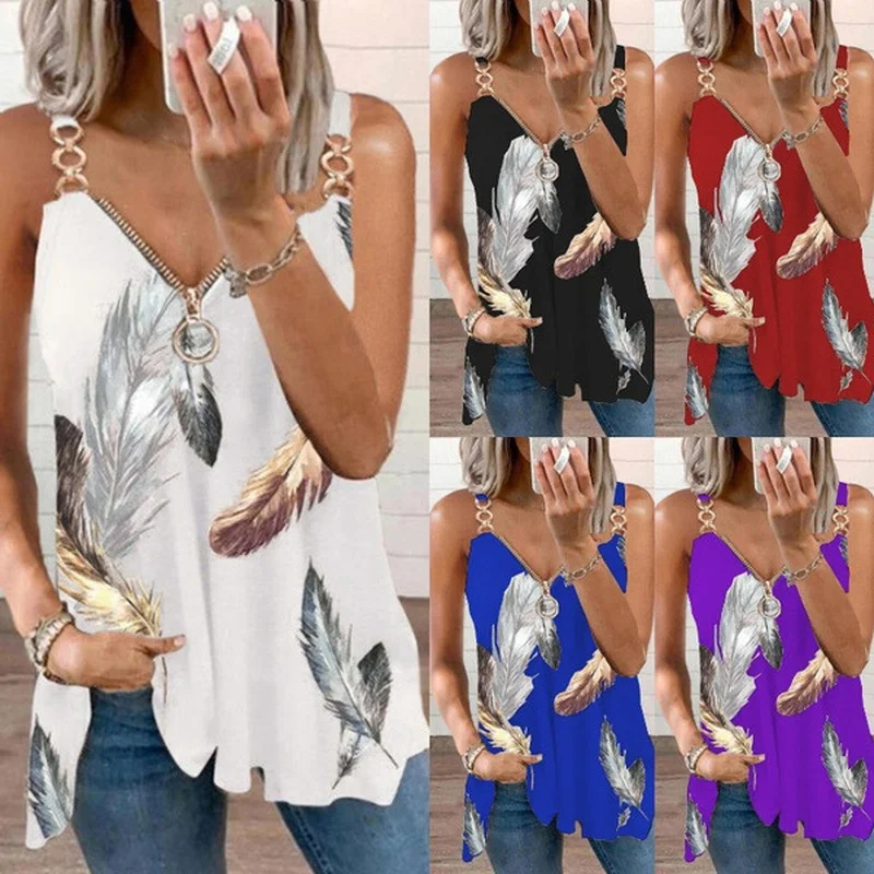 2023 Summer Women T-Shirts Fashion The New Casual Blouse Chain Cold Shoulder Sleeveless T-Shirt Sexy V-Neck Feather Print Tops
2023 Summer Women T-Shirts Fashion The New Casual Blouse Chain Cold Shoulder Sleeveless T-Shirt Sexy V-Neck Feather Print Tops