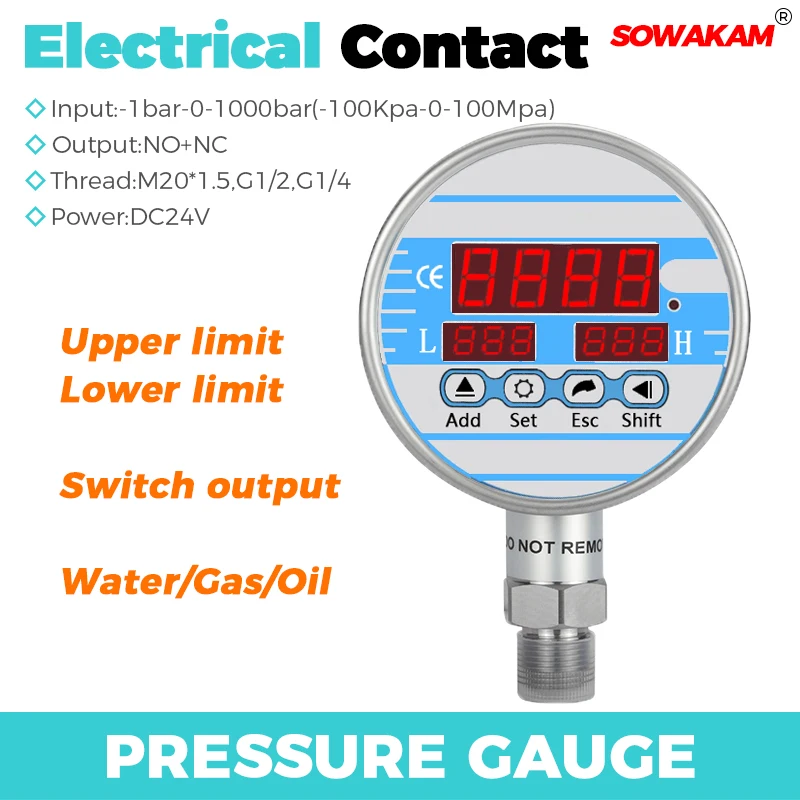 Electrical Contact Pressure Gauge Water Gas Oil Pressure Sensor High And Lower Limit LED Display Control Switching Output 24VDC
Electrical Contact Pressure Gauge Water Gas Oil Pressure Sensor High And Lower Limit LED Display Control Switching Output 24VDC