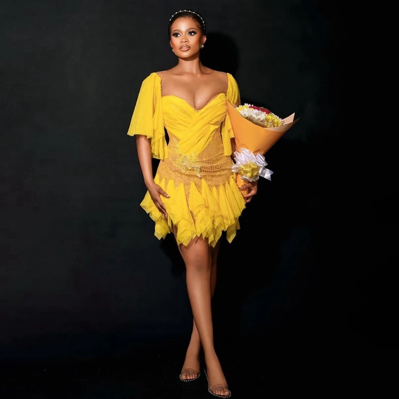 Elegant Yellow Tulle Mini Women Dresses Pretty Ruffles Tiered Mesh Africa Prom Party Gowns Chic V Neck Short Female Prom Dress
Elegant Yellow Tulle Mini Women Dresses Pretty Ruffles Tiered Mesh Africa Prom Party Gowns Chic V Neck Short Female Prom Dress
