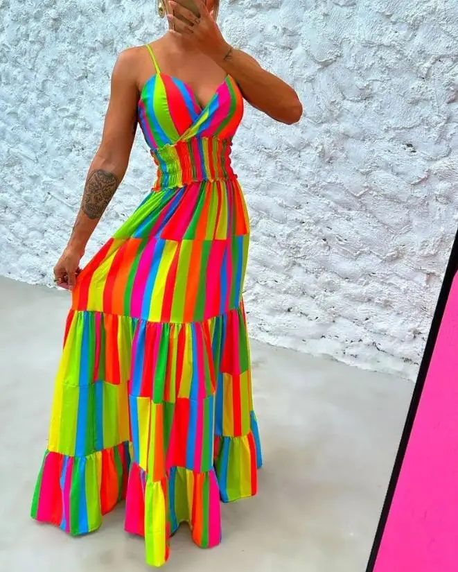 Summer Fashion Suspender Long Dress with Colorful Color Blocking Backless Pleats Waistband Loose Hem Casual Temperament Dress
Summer Fashion Suspender Long Dress with Colorful Color Blocking Backless Pleats Waistband Loose Hem Casual Temperament Dress