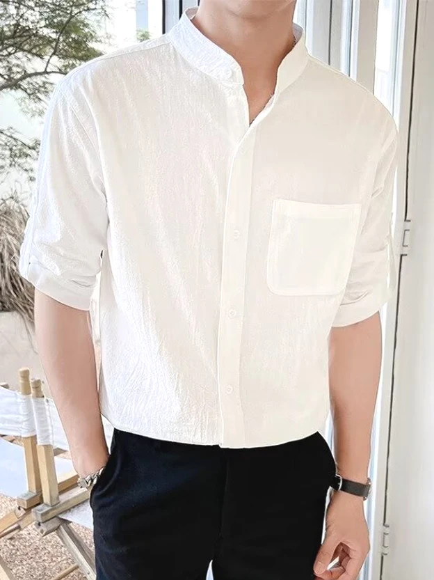 Cotton Linen Men's irt Stand Collar Design Roll Sve Seven ort Sve Zhongan Linen Breathable ket Trendy irt
Cotton Linen Men's irt Stand Collar Design Roll Sve Seven ort Sve Zhongan Linen Breathable ket Trendy irt
