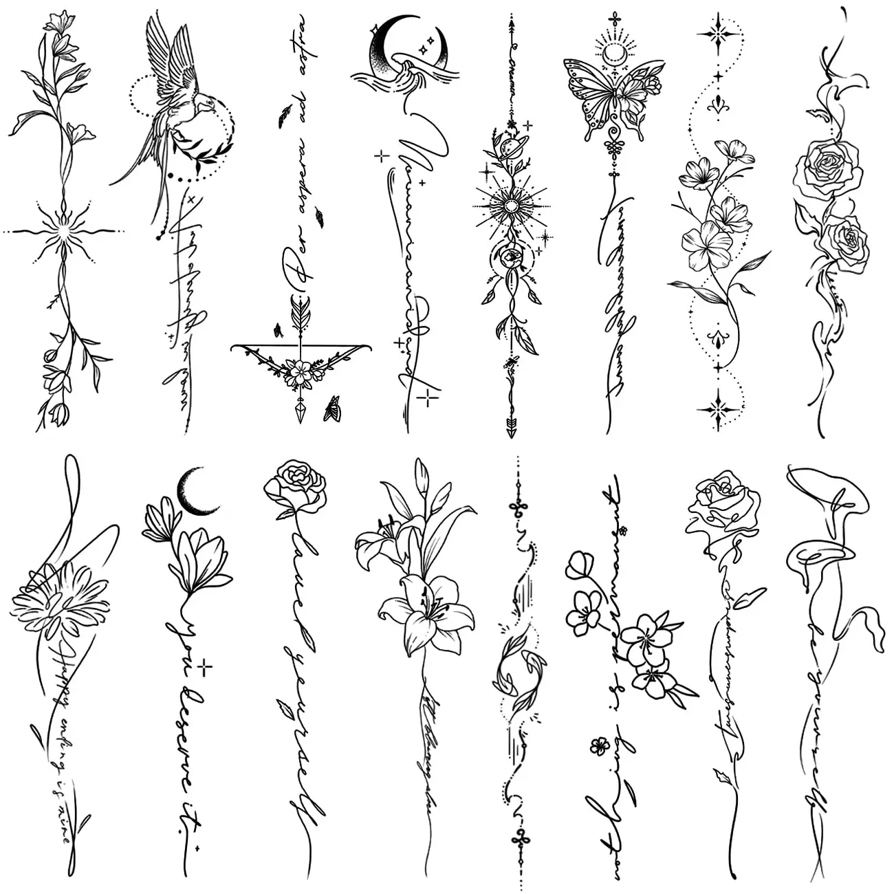 45 Pcs Line Flower Words Sketch Realistic Long Last Fake Tattoos Waterproof Minimal Line Art Tattoos for Arm Backbone Leg Body
45 Pcs Line Flower Words Sketch Realistic Long Last Fake Tattoos Waterproof Minimal Line Art Tattoos for Arm Backbone Leg Body