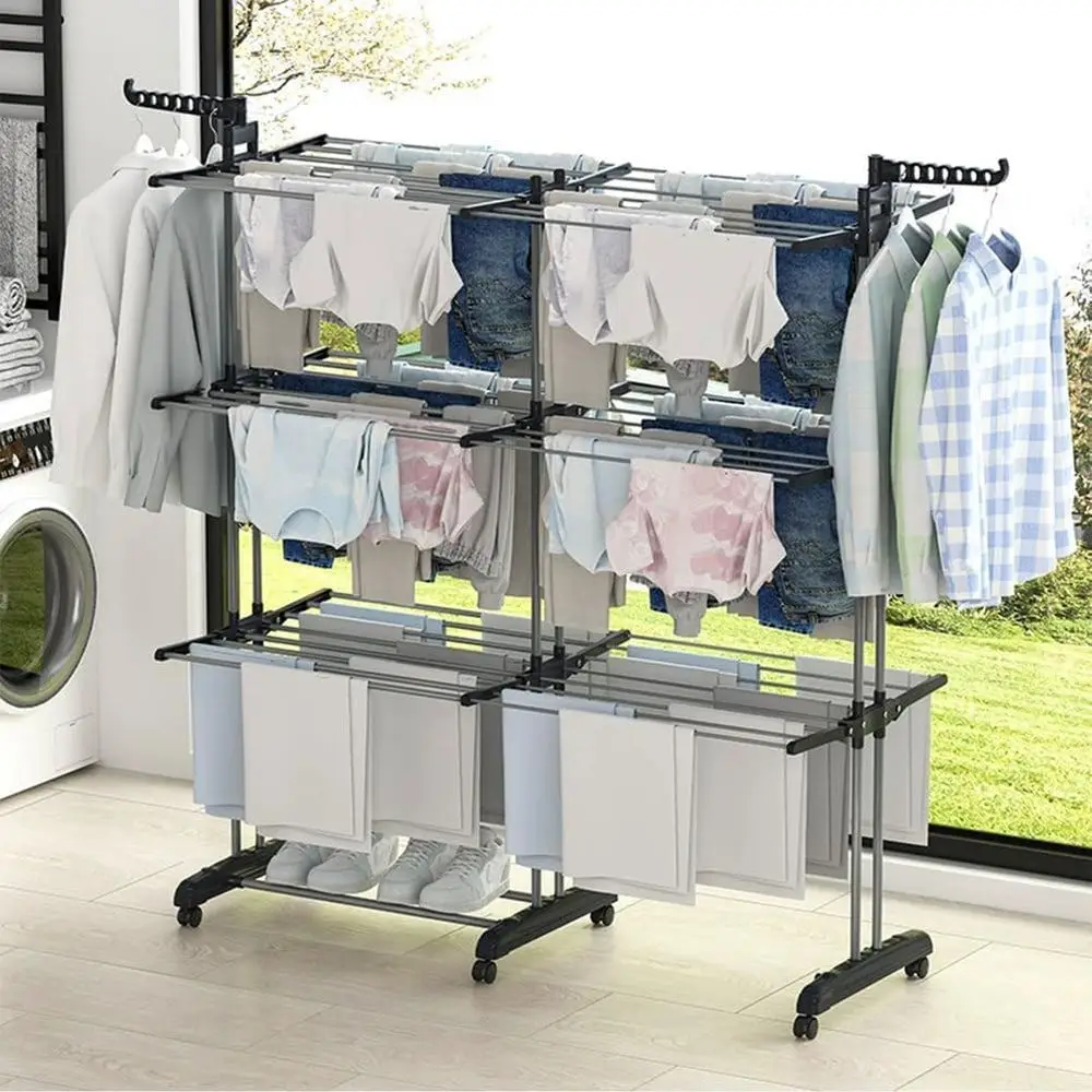 Adjustable 3-Tier Stainless Steel Clothes Drying Rack with Wheels for Indoor & Outdoor Use
Adjustable 3-Tier Stainless Steel Clothes Drying Rack with Wheels for Indoor & Outdoor Use
