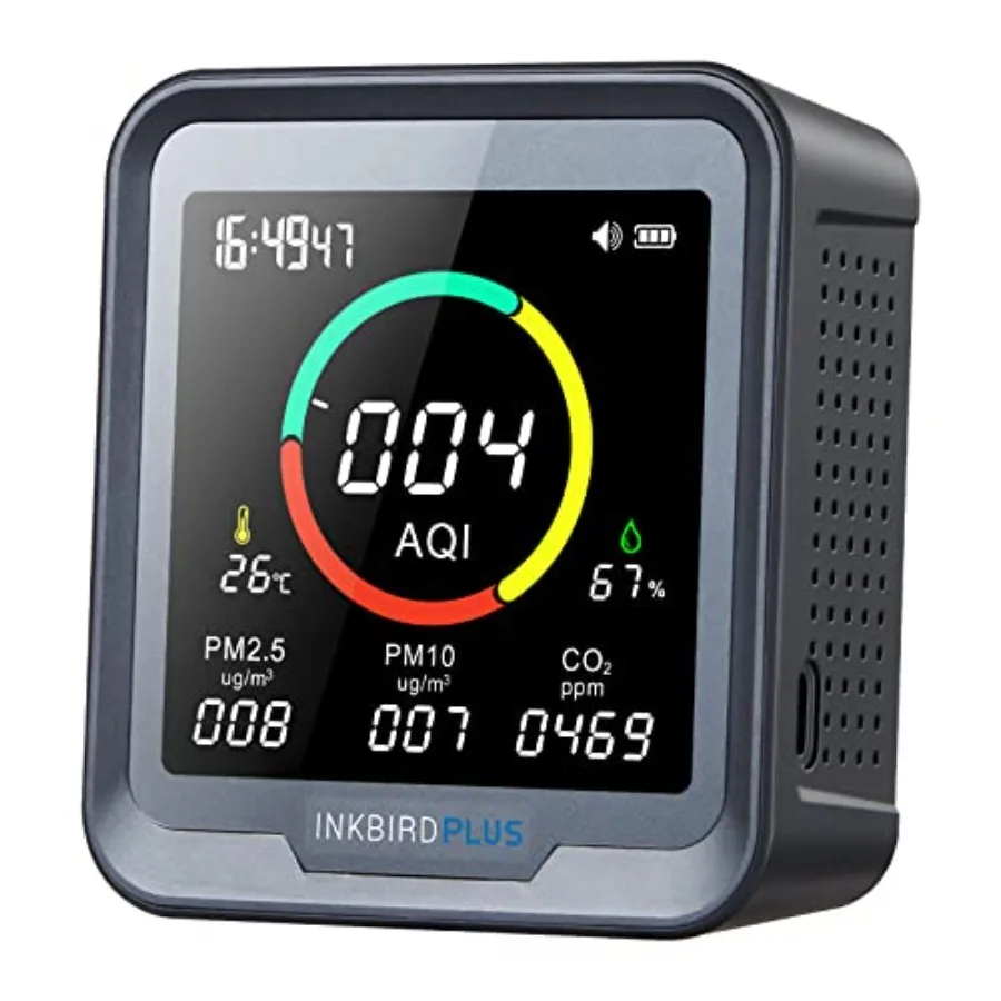 6-in-1 Indoor Air Quality Monitor Detects CO2 PM2.5 PM10 AQI Temperature and Humidity for Rooms Cellars Grow Tents Offices etc.
6-in-1 Indoor Air Quality Monitor Detects CO2 PM2.5 PM10 AQI Temperature and Humidity for Rooms Cellars Grow Tents Offices etc.