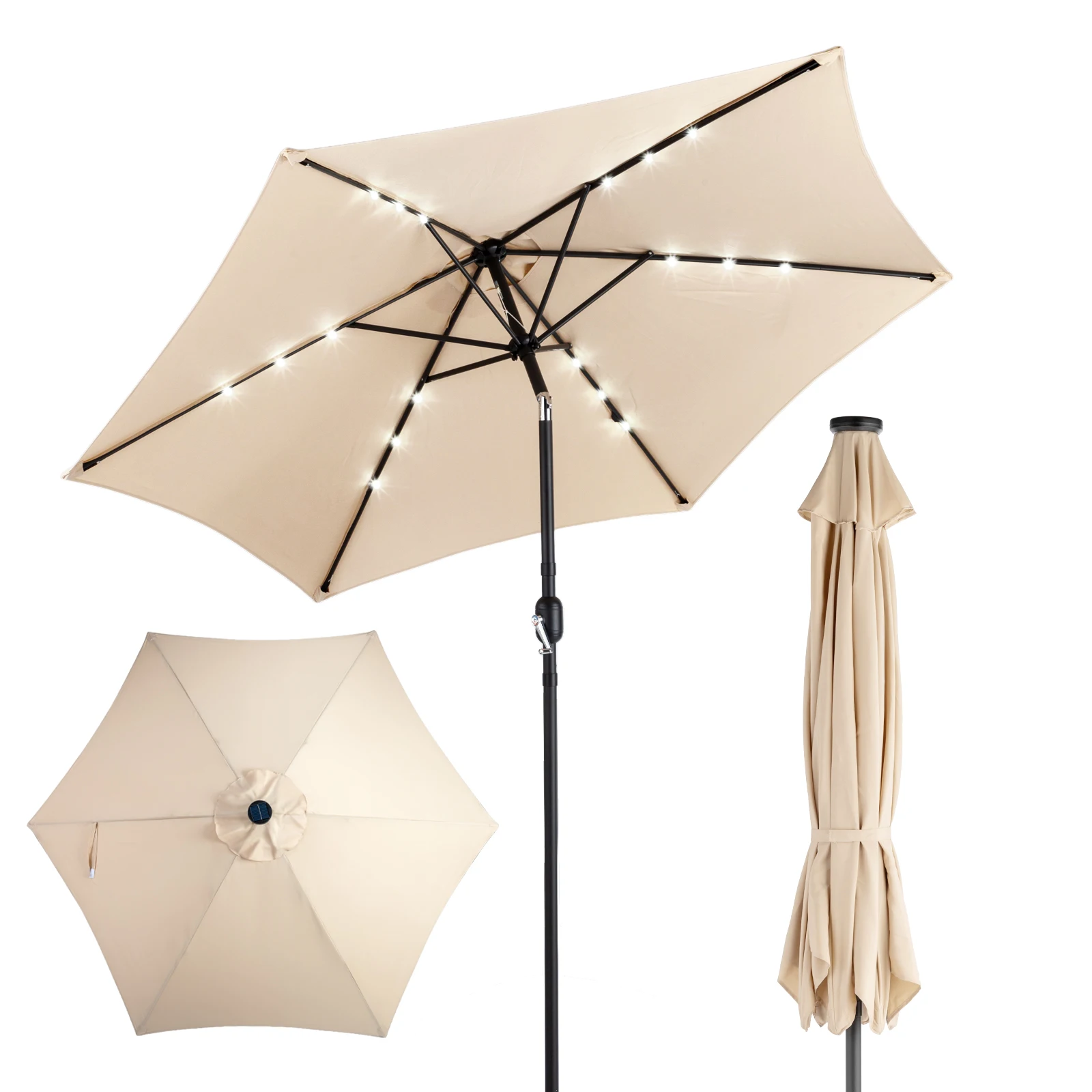 9ft Solar Patio Umbrella with LED Lights, Outdoor Market Table Umbrella with Push Button Tilt & Crank, 6 Ribs Waterproof Polyester Deck Umbrella for Garden, Backyard, Pool, Beige
9ft Solar Patio Umbrella with LED Lights, Outdoor Market Table Umbrella with Push Button Tilt & Crank, 6 Ribs Waterproof Polyester Deck Umbrella for Garden, Backyard, Pool, Beige