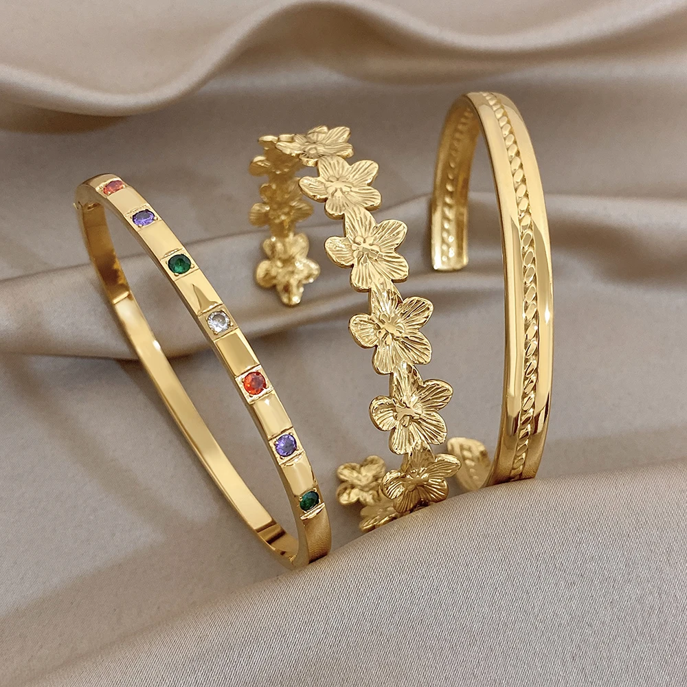 Classic Colored Zircon Flower Stainless Steel Bangle for Women Gold Plated Waterproof No Fade Open Bracelet Holiday Jewelry Gift
Classic Colored Zircon Flower Stainless Steel Bangle for Women Gold Plated Waterproof No Fade Open Bracelet Holiday Jewelry Gift
