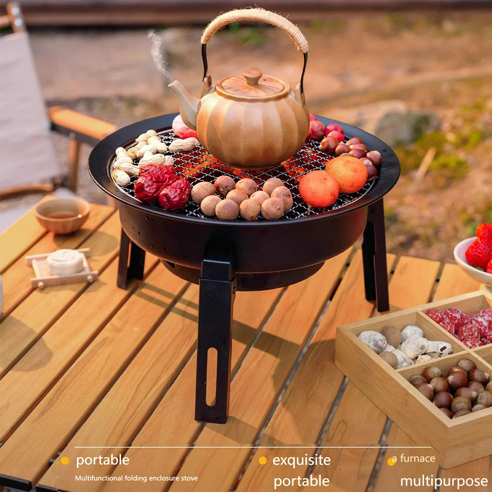 Outdoor Camping Tabletop Folding Barbecue Stove Black Steel Portable Round Stove Charcoal BBQ Grill With Roast Platter and Bag
Outdoor Camping Tabletop Folding Barbecue Stove Black Steel Portable Round Stove Charcoal BBQ Grill With Roast Platter and Bag