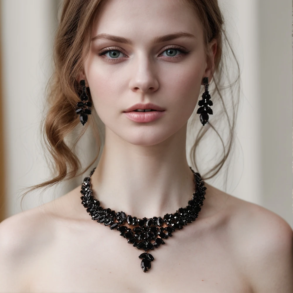 Graceful Black Leaves Jewelry Set Crystal Bridal Gift for Wedding Boho Design Rhinestone Necklace Earrings Set Piercing Handmade
Graceful Black Leaves Jewelry Set Crystal Bridal Gift for Wedding Boho Design Rhinestone Necklace Earrings Set Piercing Handmade