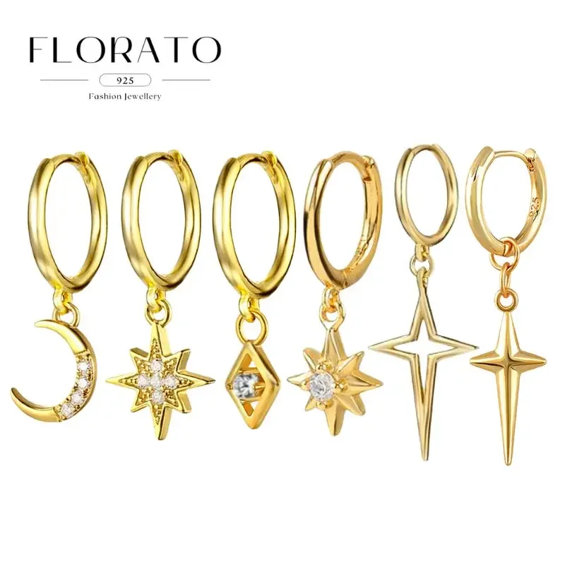 925 Silver Needle Star Hoop Earrings For Women eight-pointed star Moon White Zircon Pendant Huggie Fashion Party Jewelry Gift
925 Silver Needle Star Hoop Earrings For Women eight-pointed star Moon White Zircon Pendant Huggie Fashion Party Jewelry Gift