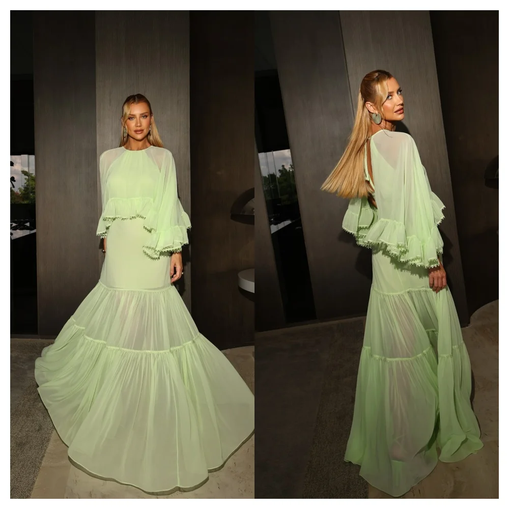 Customized Soft Green Chiffon Evening Dress Modern Crew Neck Long Sleeves Party Dress Temperament Floor Length Celebrity Gowns
Customized Soft Green Chiffon Evening Dress Modern Crew Neck Long Sleeves Party Dress Temperament Floor Length Celebrity Gowns