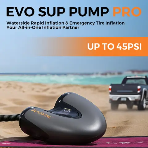 FLEXTAIL EVO SUP PUMP PRO - Pompa elettrica per SUP e pneumatici con funzione EPS, doppia alimentazione, display della pressione e spegnimento automatico
