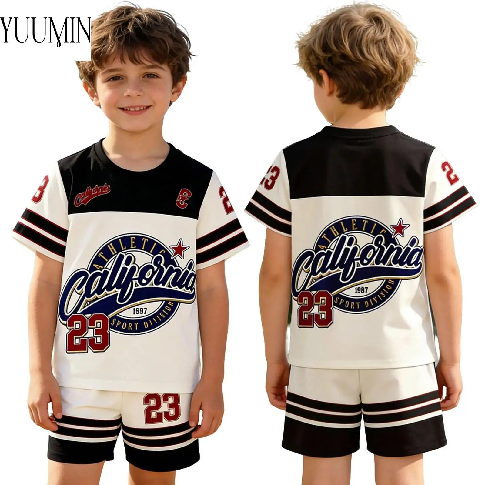 Boys Sportswear 2 Piece Set Color Block Striped Short Sleeve Round Neck Print T Shirt and Elastic Shorts Lightweight Active Play
Boys Sportswear 2 Piece Set Color Block Striped Short Sleeve Round Neck Print T Shirt and Elastic Shorts Lightweight Active Play