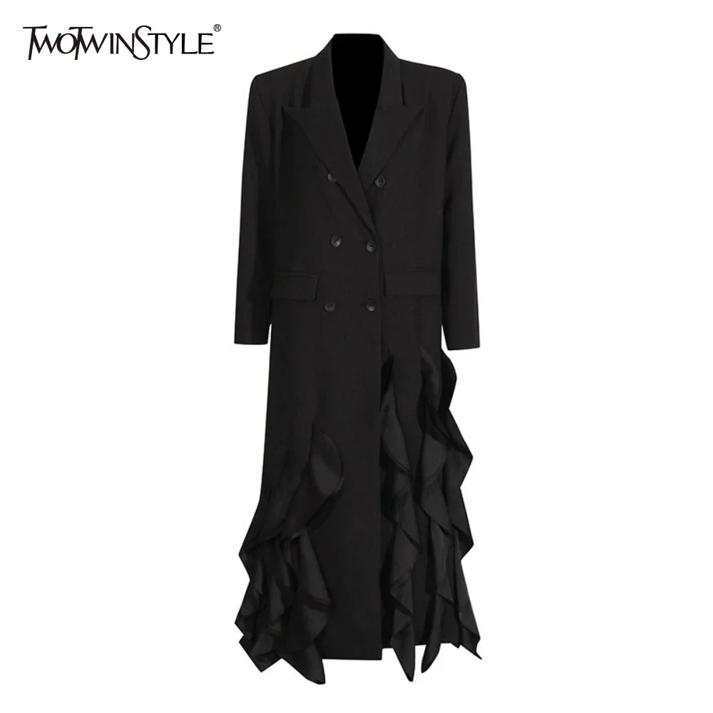 TWOTWINSTYLE Solid Spliced Ruffles Loose Jackets for Women Lapel Long Sleeve Temperament Coats Female Fashion Style
TWOTWINSTYLE Solid Spliced Ruffles Loose Jackets for Women Lapel Long Sleeve Temperament Coats Female Fashion Style