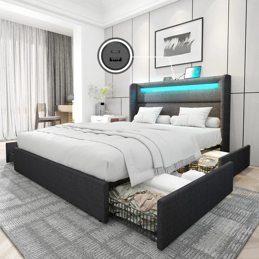 Full Bed Frame with RGBW LED Lights Headboard & 4 Storage Drawers, Upholstered Smart Platform Bed with USB & USB-C Ports
Full Bed Frame with RGBW LED Lights Headboard & 4 Storage Drawers, Upholstered Smart Platform Bed with USB & USB-C Ports