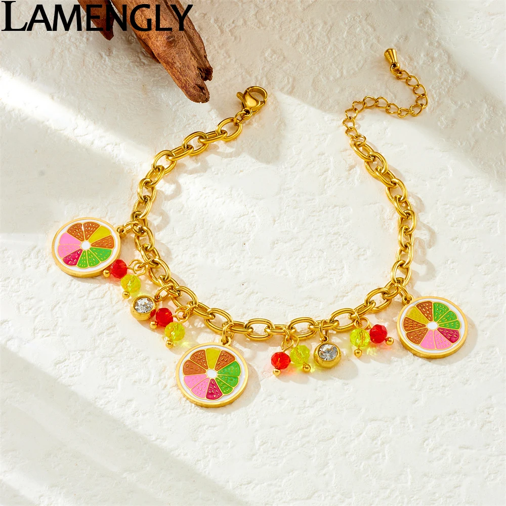 LAMENGLY 316L Stainless Steel Fresh Colorful Orange Lemon Slices Crystal Pendant Bracelet Women Glamorous Hand Chain Party Gifts
LAMENGLY 316L Stainless Steel Fresh Colorful Orange Lemon Slices Crystal Pendant Bracelet Women Glamorous Hand Chain Party Gifts