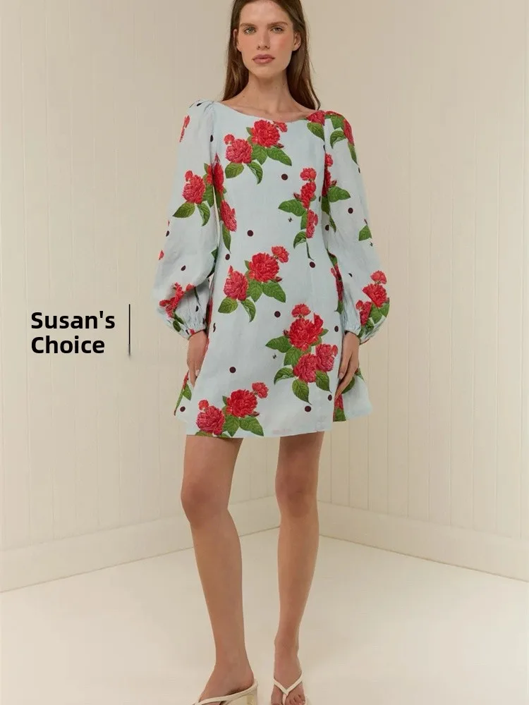 Susan Australian Sweet Style Short Sleeveless Women's Dress Blue Bottom Rose Flower Lantern Sleeve Cotton Linen Casual Dress
Susan Australian Sweet Style Short Sleeveless Women's Dress Blue Bottom Rose Flower Lantern Sleeve Cotton Linen Casual Dress