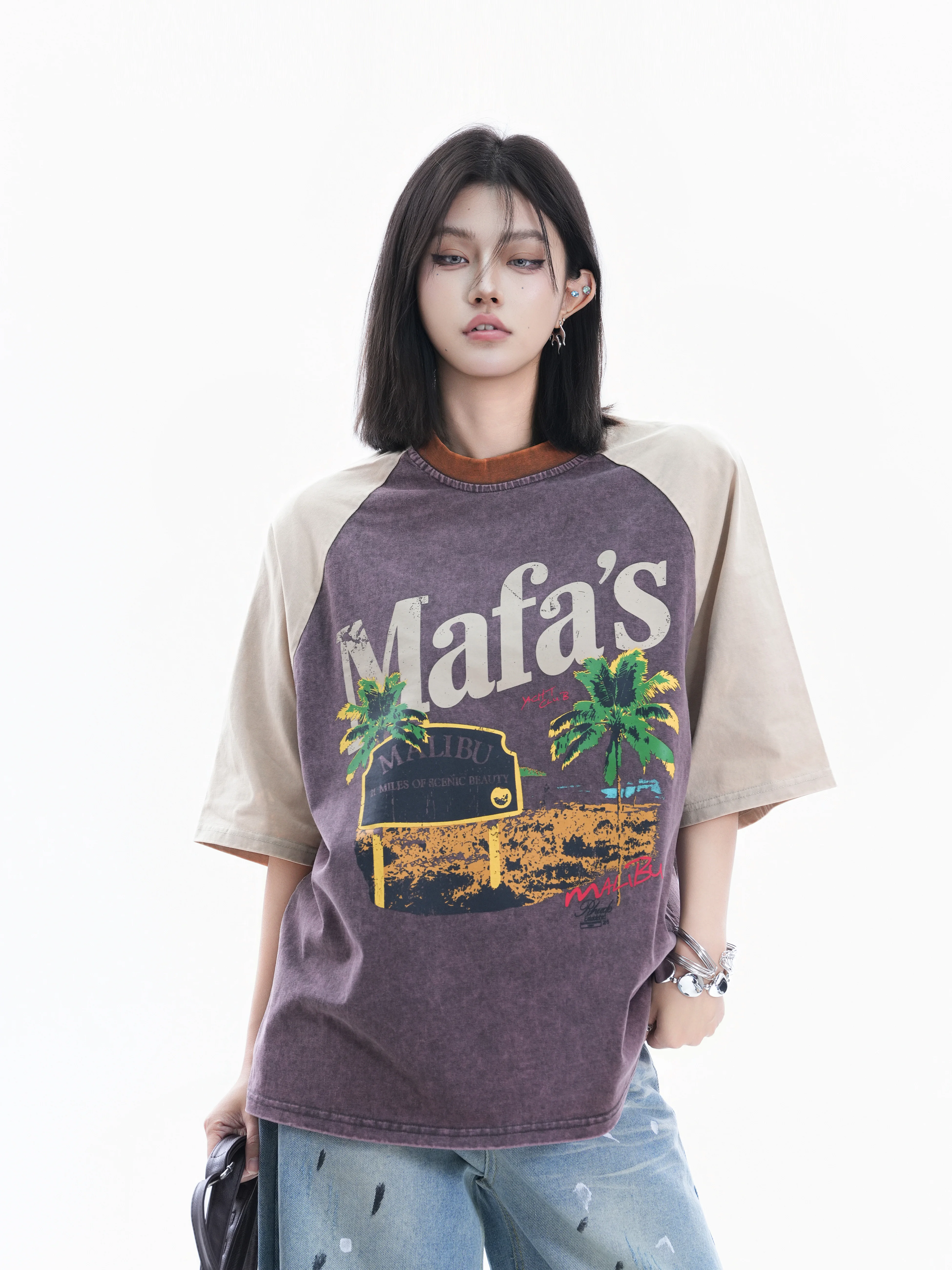 Retro American Coconut Tree Letter Print Color Block Short Sleeve Loose Women's T-shirt Couple's Top Cotton round Neck
Retro American Coconut Tree Letter Print Color Block Short Sleeve Loose Women's T-shirt Couple's Top Cotton round Neck