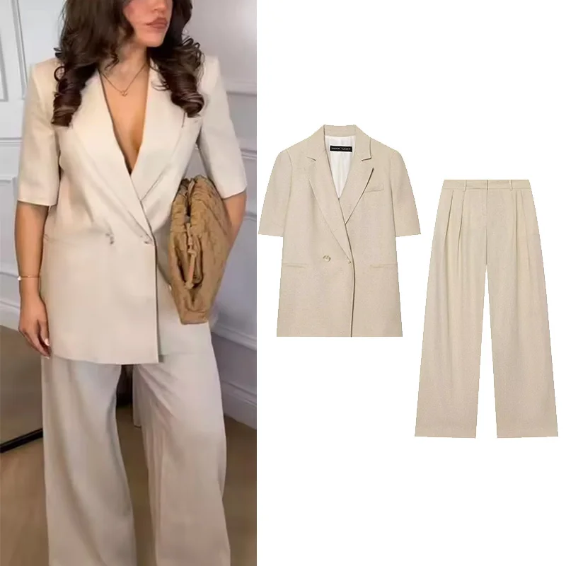 Women's Blazer Set Spring New Fashion Double Breasted Short Sleeve Top High-waist Wide Leg Pants Casuale Female 2 Piece Sets
Women's Blazer Set Spring New Fashion Double Breasted Short Sleeve Top High-waist Wide Leg Pants Casuale Female 2 Piece Sets