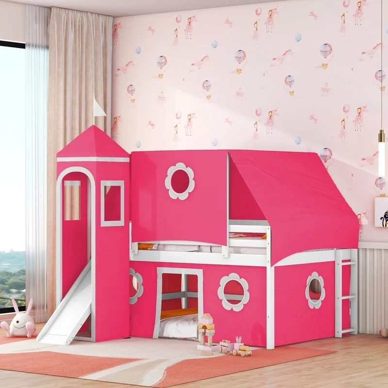 Pink Loft Bed with Slide and Tower Tent for Kids
Pink Loft Bed with Slide and Tower Tent for Kids