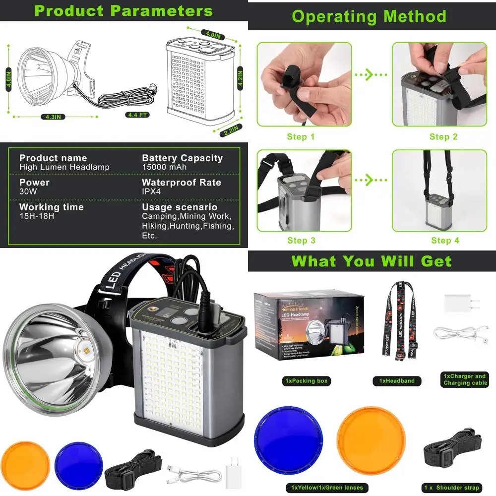 Перезаряжаемый светодиодный налобный фонарь 30 Вт с аккумулятором 15000 мАч, водонепроницаемый и сверхъяркий для активного отдыха и экстренных ситуаций
Перезаряжаемый светодиодный налобный фонарь 30 Вт с аккумулятором 15000 мАч, водонепроницаемый и сверхъяркий для активного отдыха и экстренных ситуаций