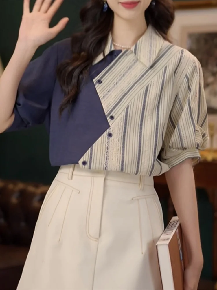 Summer 2025 Women's Striped Color Block Shirt Fashionable Casual Loose Fit Breathable Short Sleeve Neck Daily Commute Wear
Summer 2025 Women's Striped Color Block Shirt Fashionable Casual Loose Fit Breathable Short Sleeve Neck Daily Commute Wear