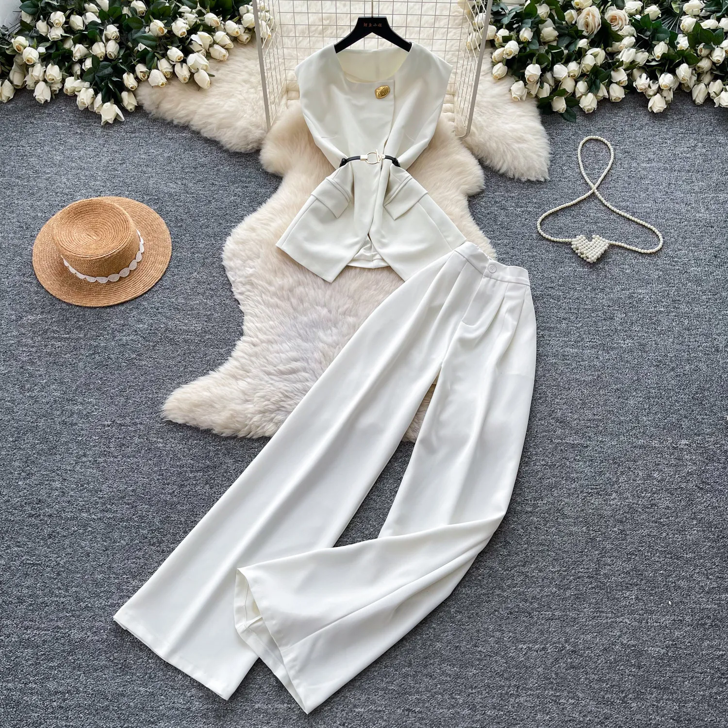 Pant Set Women Two Piece Sets Round Neck Sleeveless Vest Tops Wide Leg Long Pants Tight Waist Y2k Streetwear Elegant 2026
Pant Set Women Two Piece Sets Round Neck Sleeveless Vest Tops Wide Leg Long Pants Tight Waist Y2k Streetwear Elegant 2026