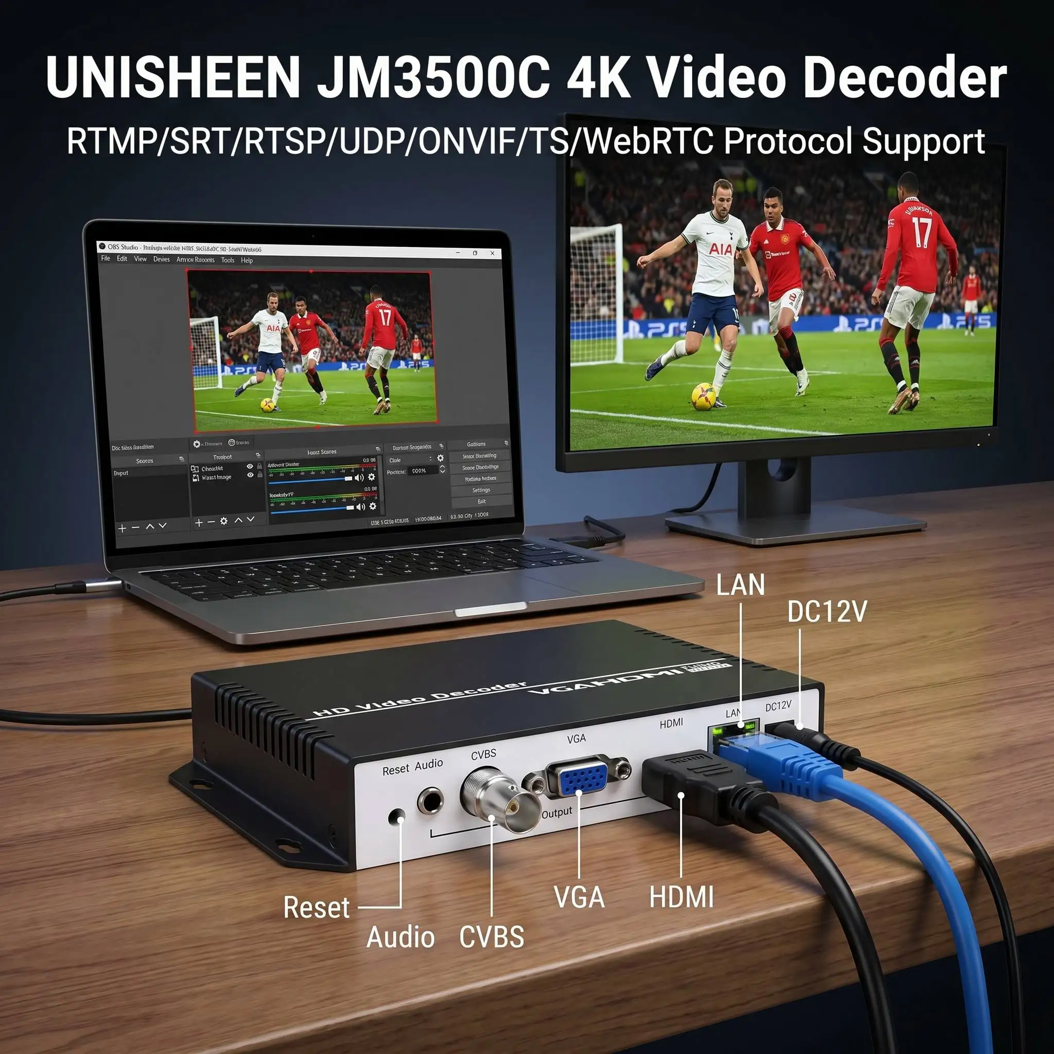 UNISHEEN 4K UHD H.265 H.264 WebRTC RTSP RTMP SRT UDP IP to HDMI VGA Converter Video Decoder Low Latency for Live Streaming CCTV