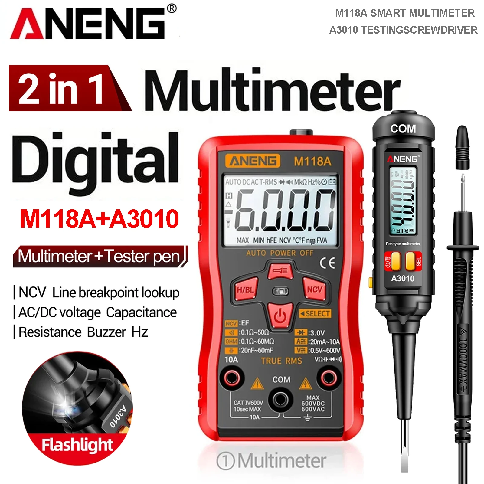 Digital Multimeter Voltage Tester Pen ANENG M118A +A3010 Kit True RMS 6000/4000 Counts Auto-Rang AC/DC Transistor tester Tools
Digital Multimeter Voltage Tester Pen ANENG M118A +A3010 Kit True RMS 6000/4000 Counts Auto-Rang AC/DC Transistor tester Tools