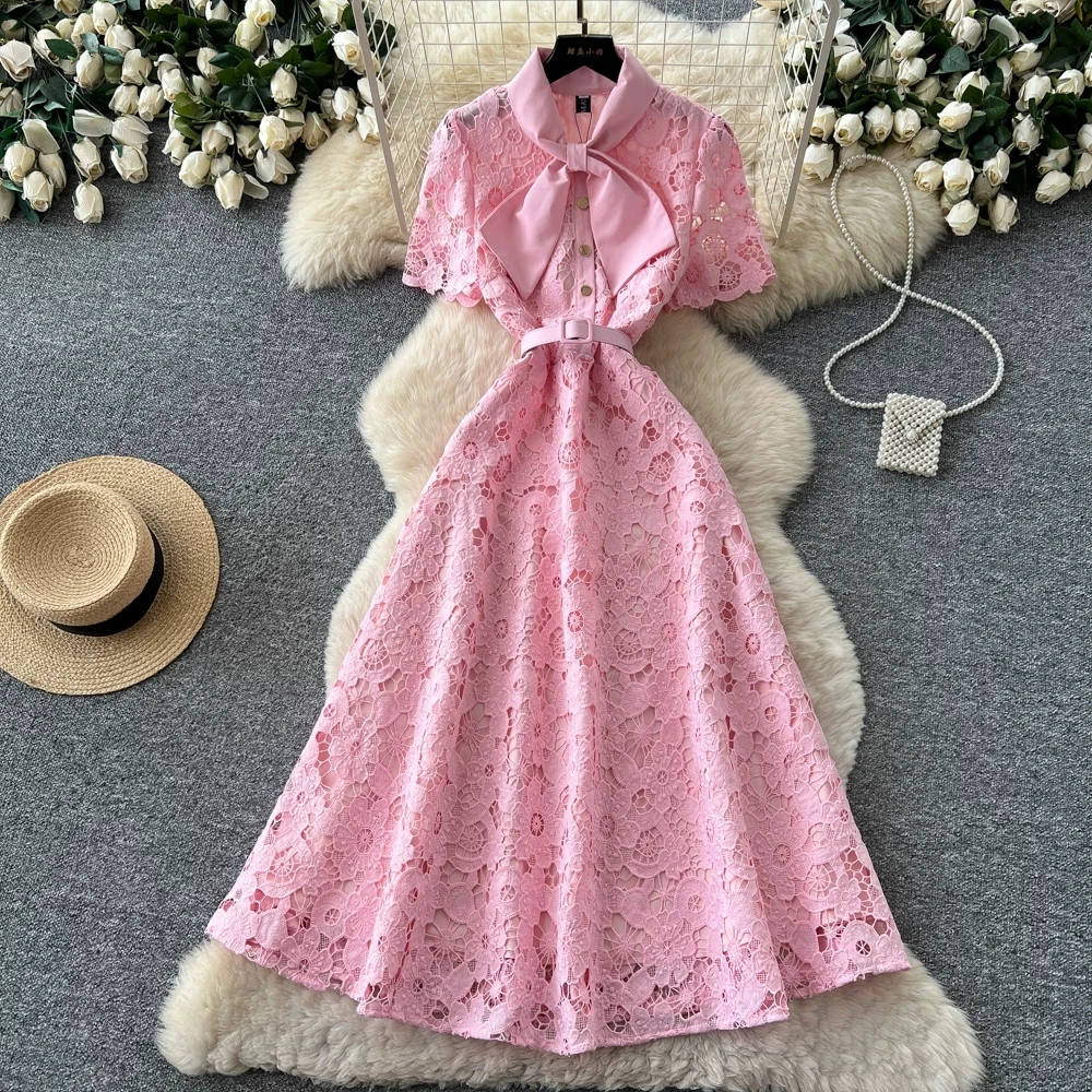 Summer French Crochet Lace Dress Women Bow Neck Short Sleeve Single Breasted Belt A-Line Formal Occasion Dresses Party Outfits
Summer French Crochet Lace Dress Women Bow Neck Short Sleeve Single Breasted Belt A-Line Formal Occasion Dresses Party Outfits