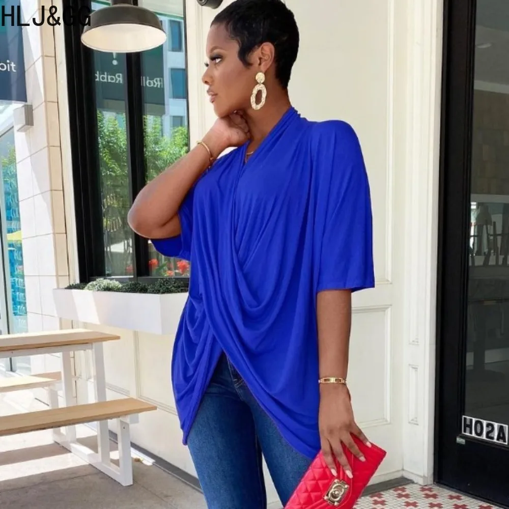 HLJ&GG Fashion Solid Color Ruched Irregular Tops Women V Neck Short Sleeve Loose Tshirts Casual Female OL Matching Streetwear
HLJ&GG Fashion Solid Color Ruched Irregular Tops Women V Neck Short Sleeve Loose Tshirts Casual Female OL Matching Streetwear