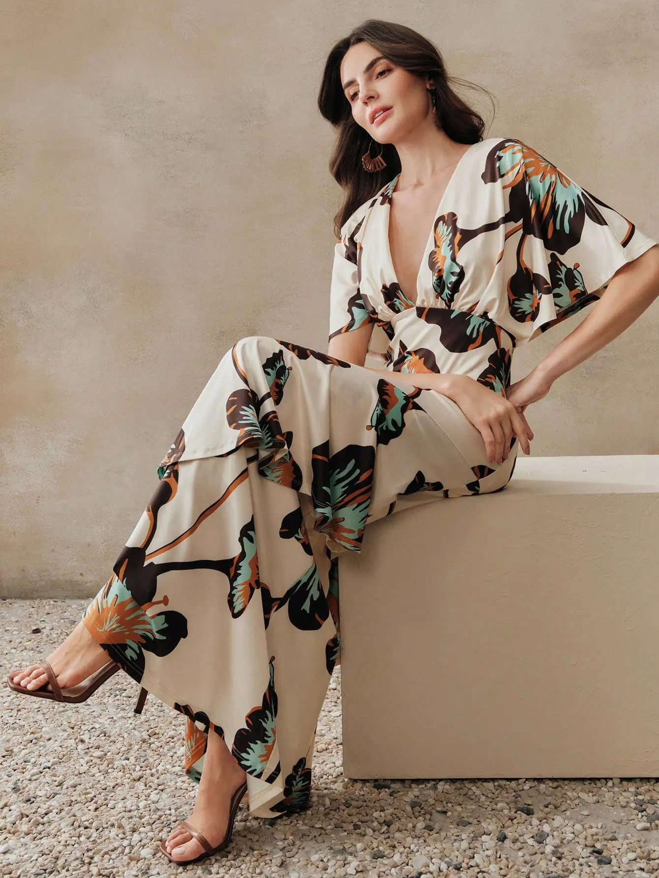 Cream Base Floral Maxi Dress With Deep V-Neck, Ruched Waist, and Flared Short Sleeves for Women Summer
Cream Base Floral Maxi Dress With Deep V-Neck, Ruched Waist, and Flared Short Sleeves for Women Summer