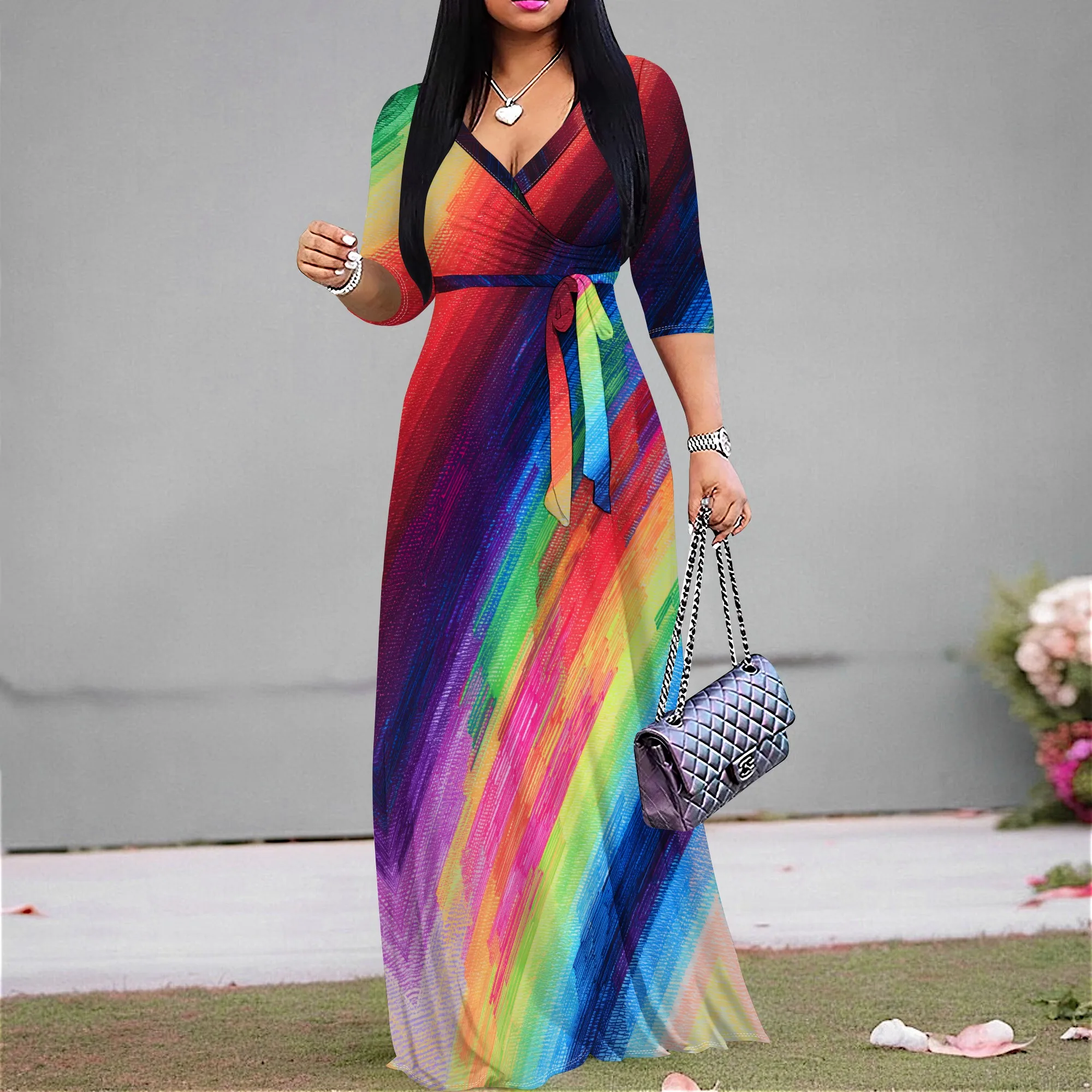 Women's Pride Rainbow Stripe Maxi Dress V-Neck 3/4 Sleeve Belted Sundress Plus Size S-3XL For Summer Party Evening Dress
Women's Pride Rainbow Stripe Maxi Dress V-Neck 3/4 Sleeve Belted Sundress Plus Size S-3XL For Summer Party Evening Dress