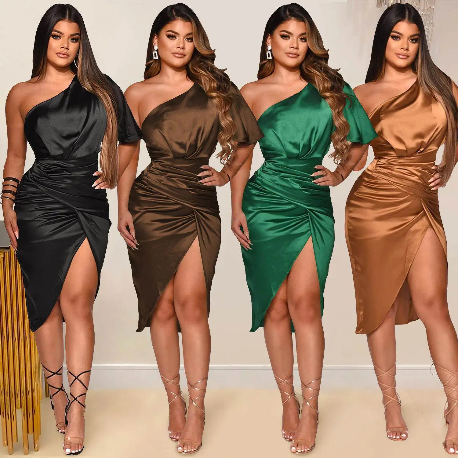 Fashionable Color Midi Dress with Single Shoulder And Slit for Women New Arrival X5273 Short Sleeve Autumn Wear
Fashionable Color Midi Dress with Single Shoulder And Slit for Women New Arrival X5273 Short Sleeve Autumn Wear
