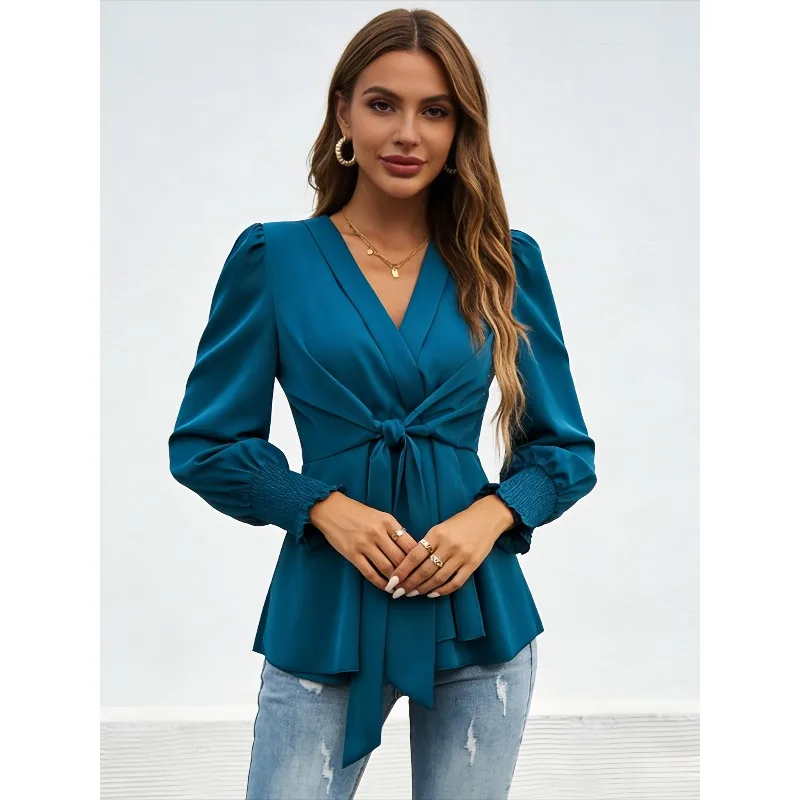 Sea Blue Retro Elegant Lace Up V-neck Lantern Sleeves Women's Shirt Spring Autumn New Fashion Pleated Slim Fit Office Lady Tops
Sea Blue Retro Elegant Lace Up V-neck Lantern Sleeves Women's Shirt Spring Autumn New Fashion Pleated Slim Fit Office Lady Tops