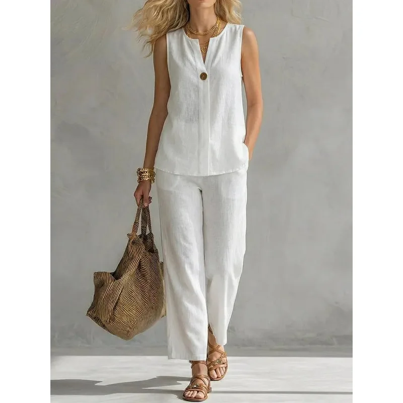 Women's Sleeveless Single Button Top & Straight Leg Long Pants 2 Piece Set Casual Solid Summer Outfit For Daily Vacation Wear
Women's Sleeveless Single Button Top & Straight Leg Long Pants 2 Piece Set Casual Solid Summer Outfit For Daily Vacation Wear