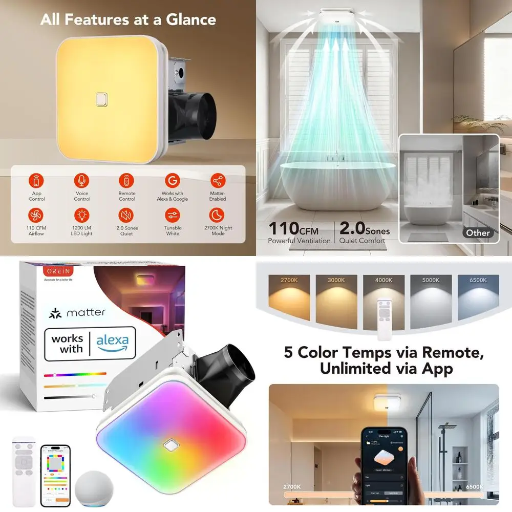 Smart Bathroom Fan with Light, RGB Mood Lighting, 110 CM Ventilation, App/Voice/Remote Control, Compatible with Alexa/Google Hom
Smart Bathroom Fan with Light, RGB Mood Lighting, 110 CM Ventilation, App/Voice/Remote Control, Compatible with Alexa/Google Hom