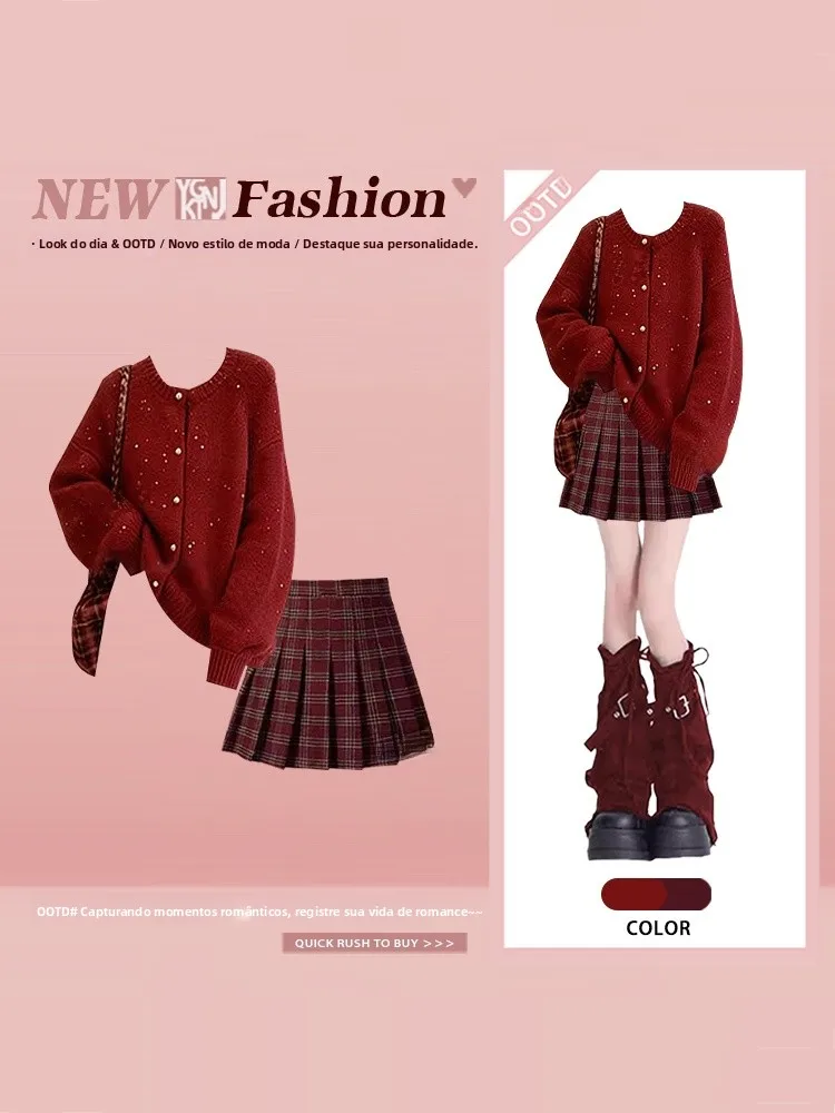 College Style Winter Knitted Sweater Plaid Skirt Two Piece Set Women's New Year Red Fashion Ensemble Youthful Look
College Style Winter Knitted Sweater Plaid Skirt Two Piece Set Women's New Year Red Fashion Ensemble Youthful Look