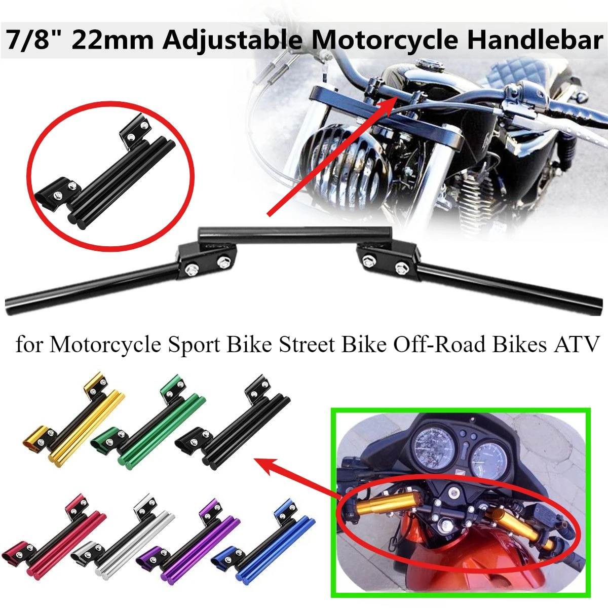Motorcycle Universal 7/8" 22mm Handlebar Adjustable Handle Bar for Motorcycle Sport Bike Street Bike Off-Road Bikes ATV
Motorcycle Universal 7/8" 22mm Handlebar Adjustable Handle Bar for Motorcycle Sport Bike Street Bike Off-Road Bikes ATV