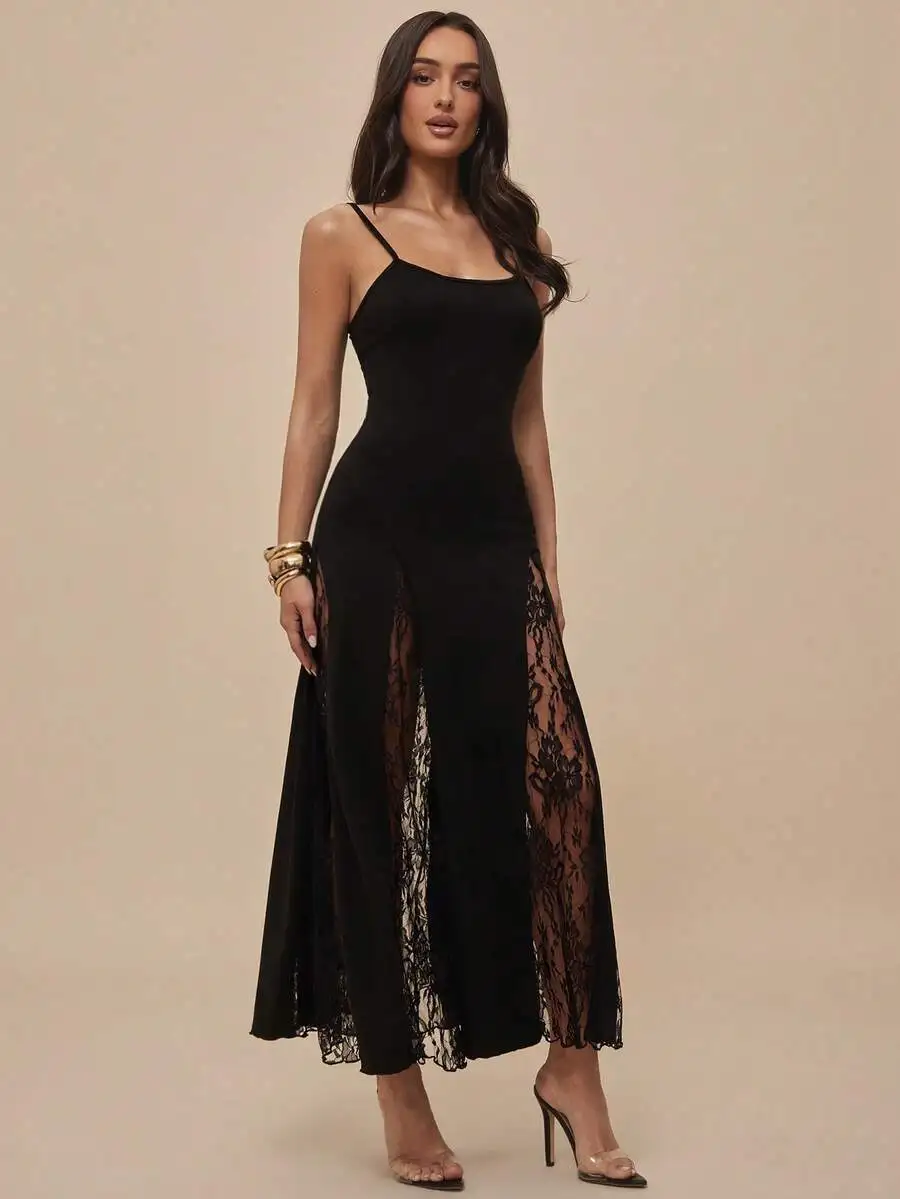 Black Lace Insert Spaghetti Strap Midi Sleep Dress With Side Slit
Black Lace Insert Spaghetti Strap Midi Sleep Dress With Side Slit